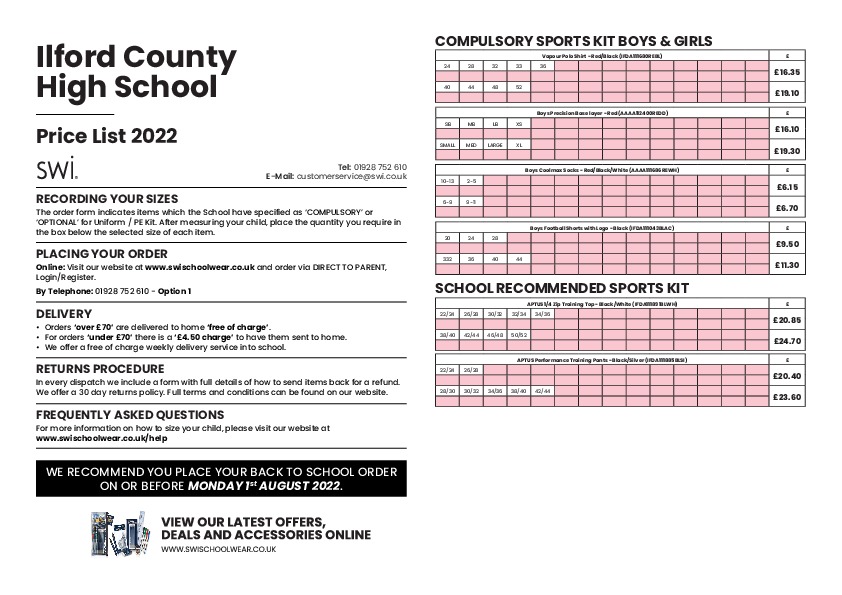 Ilford County High School pricelist 2022